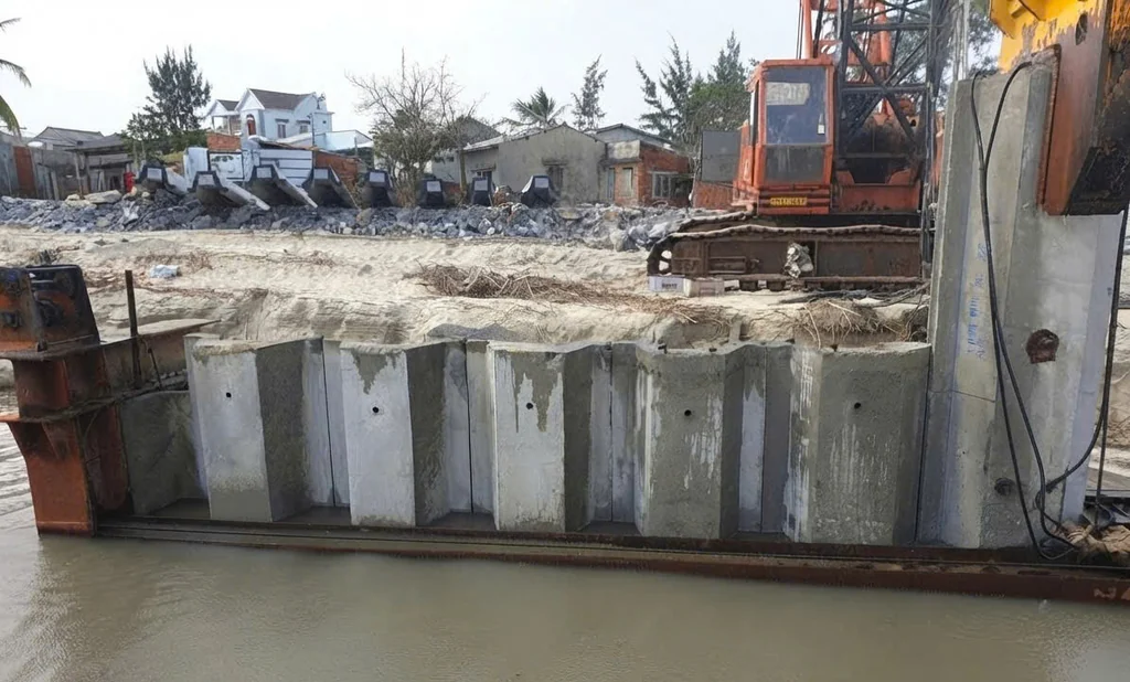 Thi công kè bờ sông bằng cọc ván bê tông dự ứng lực SW