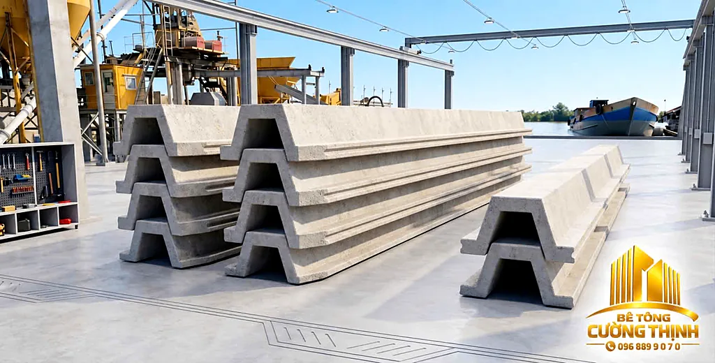 Cọc ván bê tông dự ứng lực SW trong xưởng sản xuất