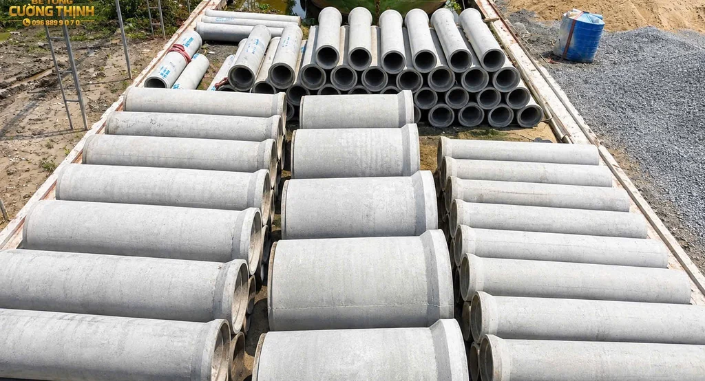 Cống bê tông ly tâm Cường Thịnh xếp trên sà lan chờ giao - ảnh thực tế