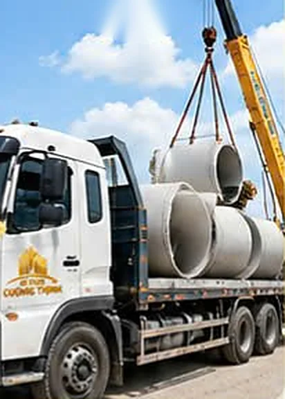 Xe cẩu giao ống cống bê tông tại công trình